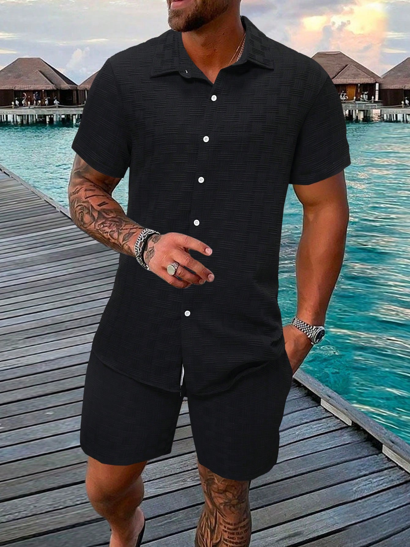 Men's Textured Resort Shirt & Shorts Set | Breathable Summer Co-ord | Slim Fit Look