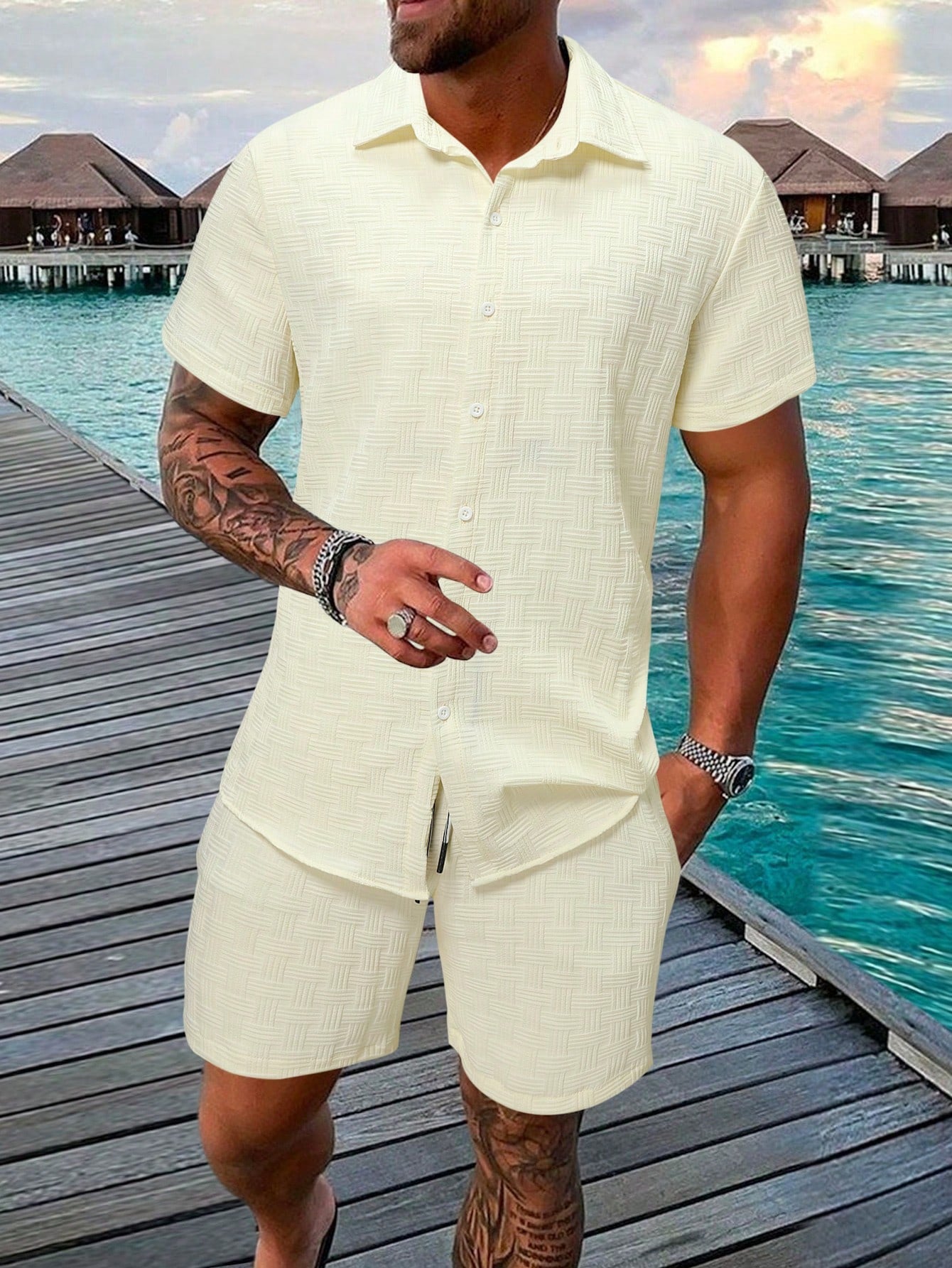 Men's Textured Resort Shirt & Shorts Set | Breathable Summer Co-ord | Slim Fit Look