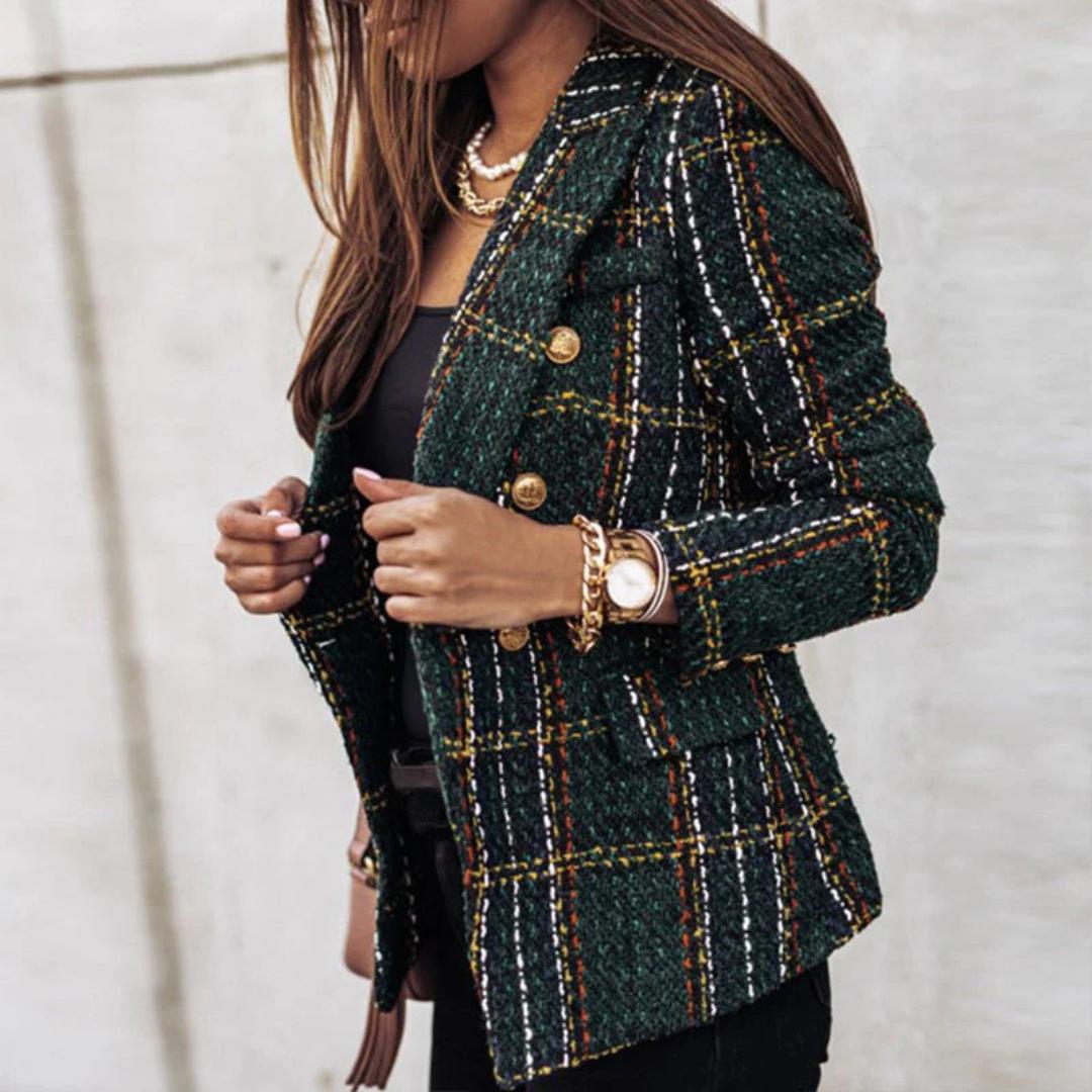 Tweed Plaid Blazer | Gold Button Detail with Tailored Fit | Statement Fall Jacket