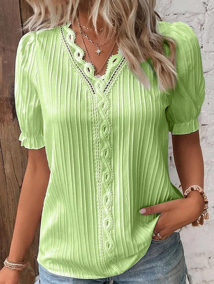 Pleated Button-Front Blouse | Lace Trim V-Neck | Short Puff Sleeve Top