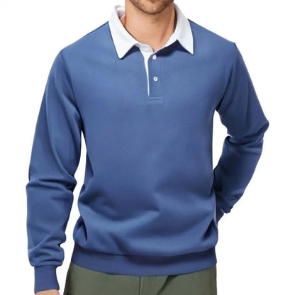 Men’s Long Sleeve Polo Sweatshirt | Ribbed Hem Rugby Style | Casual Smart-Collar Pullover