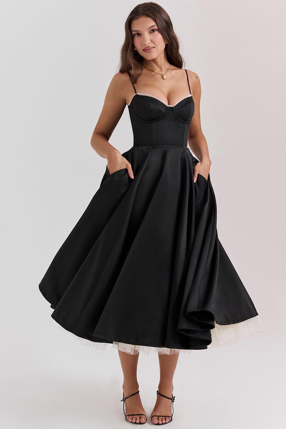 Satin Midi Dress with Corset Bodice | Fit-and-Flare Design | Elegant Evening Wear