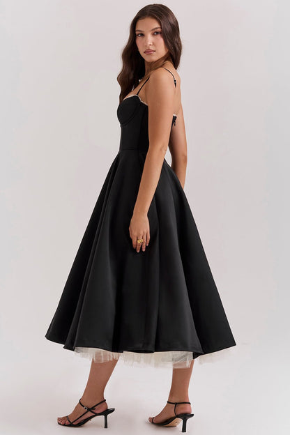 Satin Midi Dress with Corset Bodice | Fit-and-Flare Design | Elegant Evening Wear