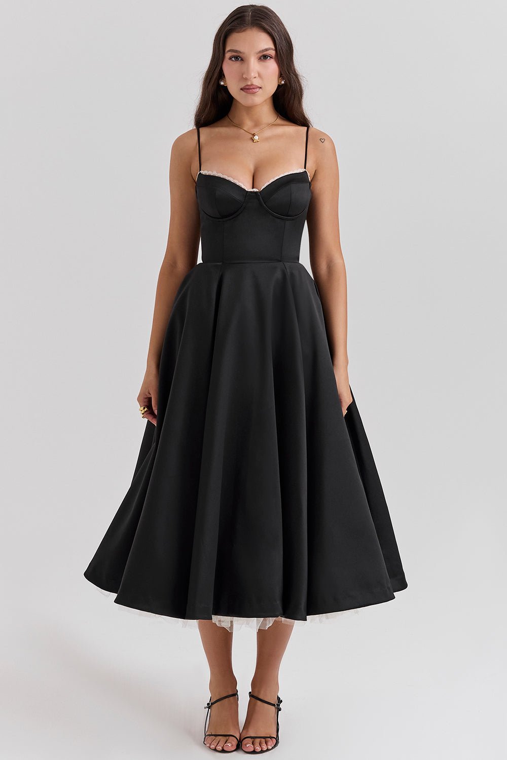 Satin Midi Dress with Corset Bodice | Fit-and-Flare Design | Elegant Evening Wear