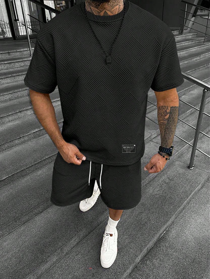 Men’s Textured Knit Lounge Set | Geometric Patterned Tee & Shorts Co-Ord