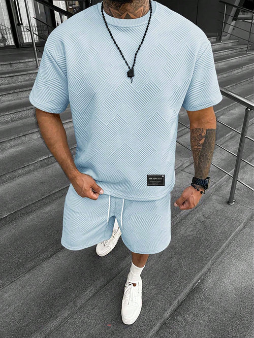 Men’s Textured Knit Lounge Set | Geometric Patterned Tee & Shorts Co-Ord