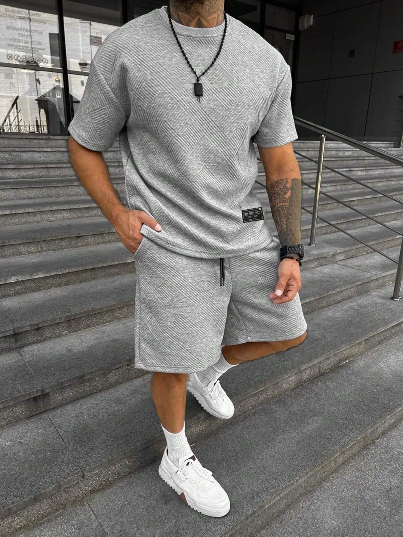 Men’s Textured Knit Lounge Set | Geometric Patterned Tee & Shorts Co-Ord