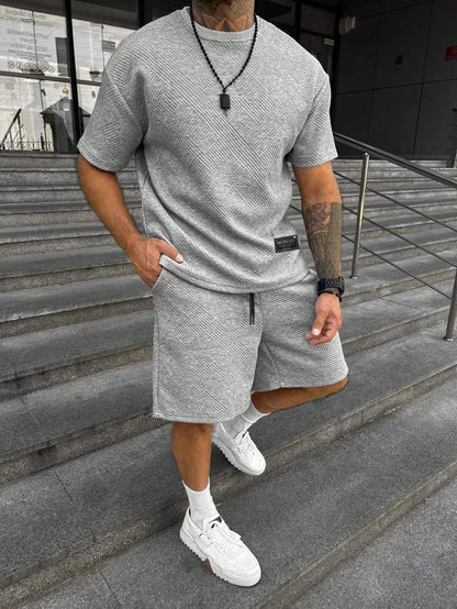 Men’s Textured Knit Lounge Set | Geometric Patterned Tee & Shorts Co-Ord