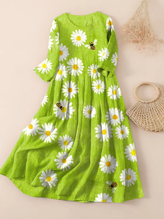 Floral Print Linen Dress | Daisy & Bee Pattern | Long Sleeve Casual Fit