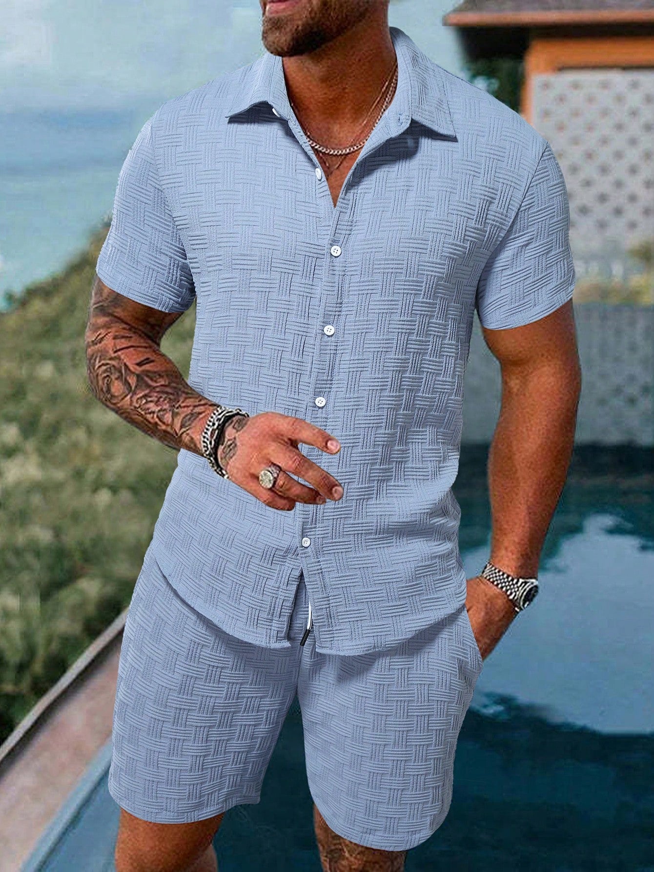 Men's Textured Resort Shirt & Shorts Set | Breathable Summer Co-ord | Slim Fit Look