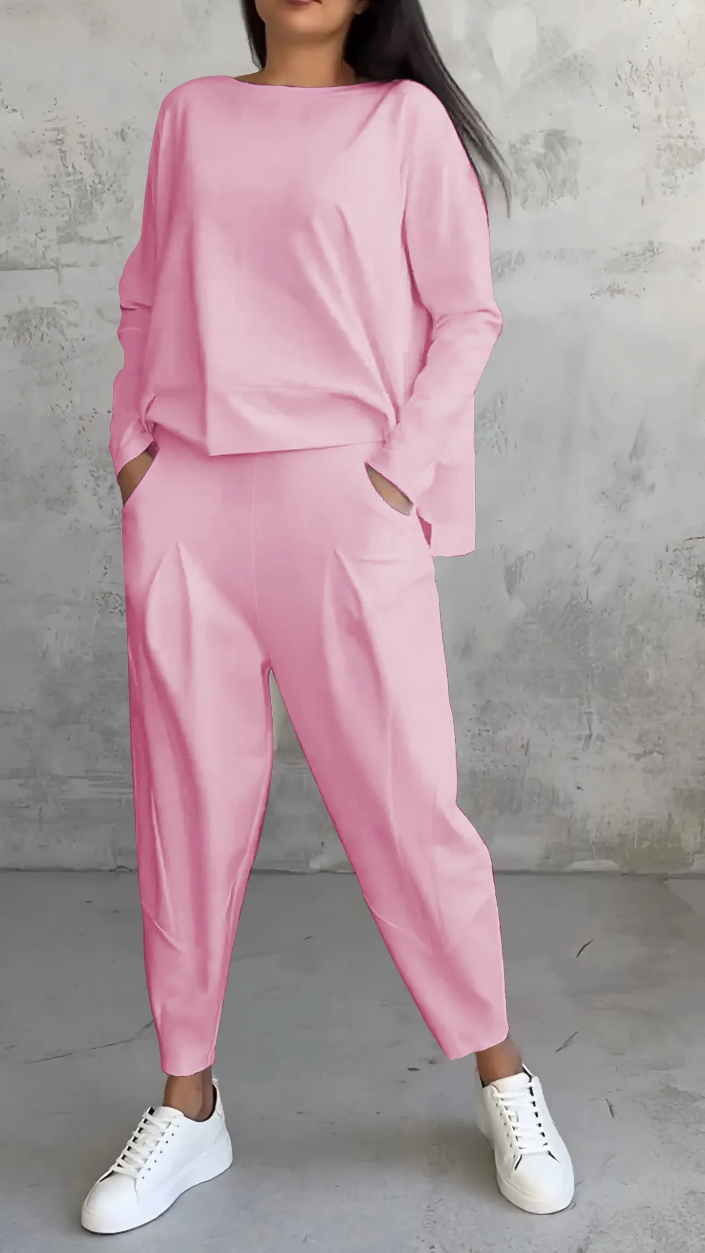 Relaxed Two-Piece Set | Long Sleeve Top | Tapered Pull-On Pants