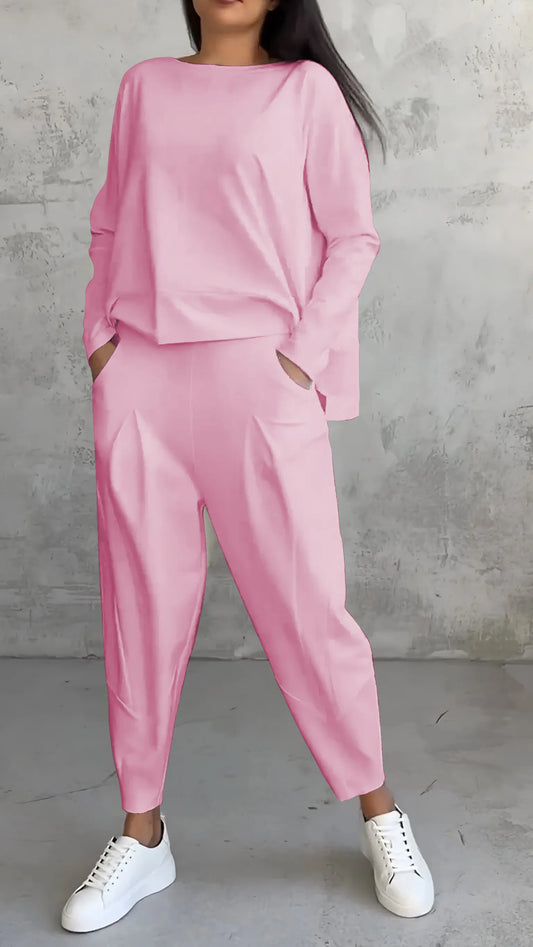 Relaxed Two-Piece Set | Long Sleeve Top | Tapered Pull-On Pants