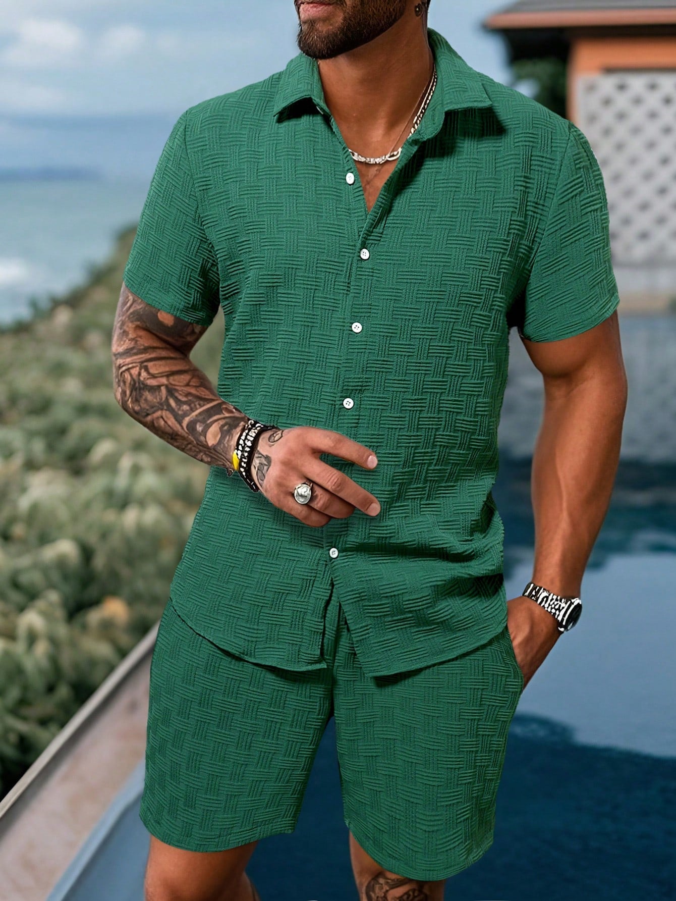 Men's Textured Resort Shirt & Shorts Set | Breathable Summer Co-ord | Slim Fit Look
