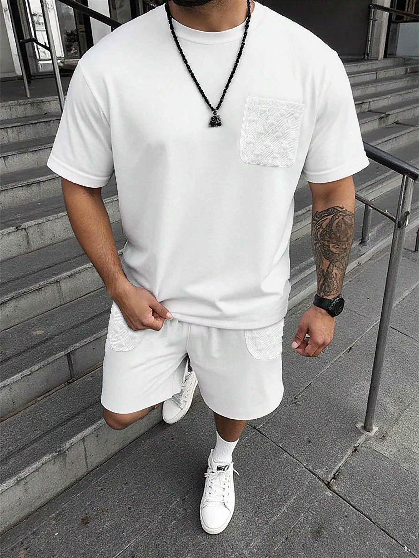Men’s Textured Knit Lounge Set | Geometric Patterned Tee & Shorts Co-Ord