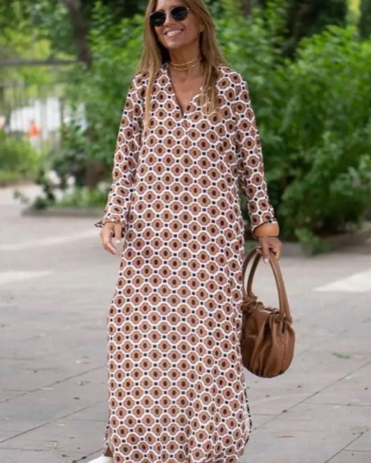 Geometric Print Satin Maxi Dress | Long Sleeve | Side Slit Detail