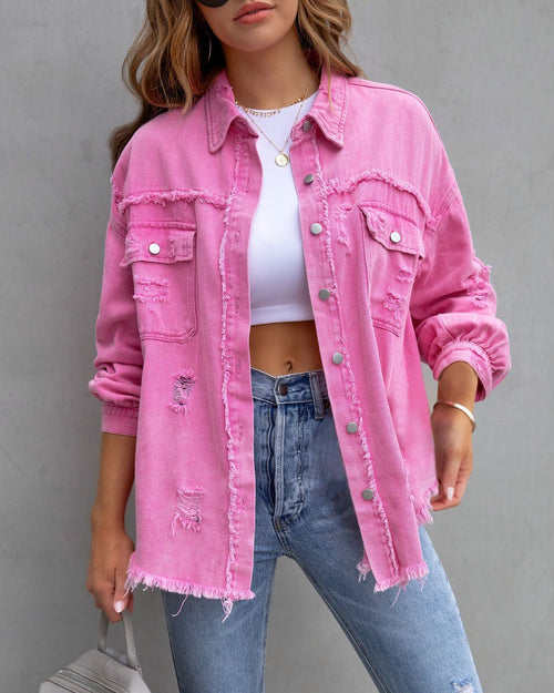 Distressed Denim Shacket | Casual Oversized Fit | Button-Up Style | Trendy Layering