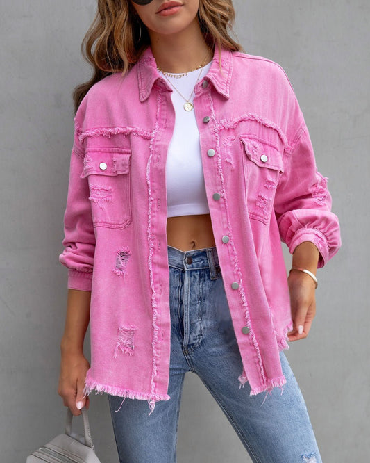 Distressed Denim Shacket | Casual Oversized Fit | Button-Up Style | Trendy Layering