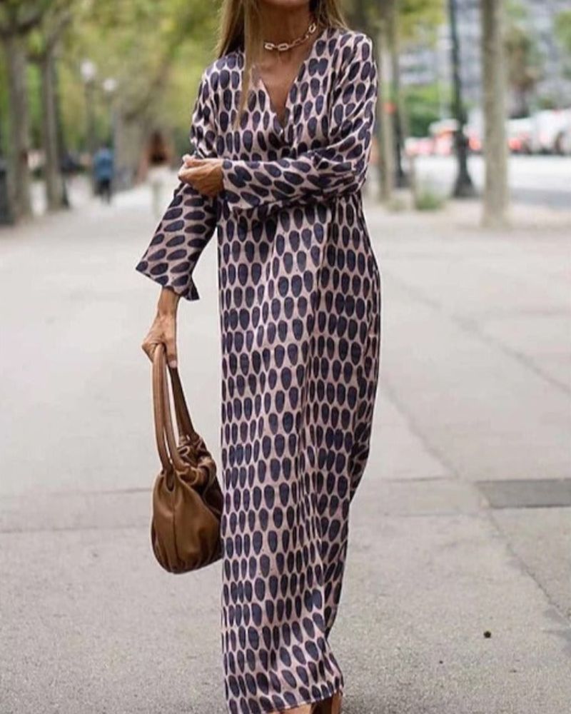 Geometric Print Satin Maxi Dress | Long Sleeve | Side Slit Detail