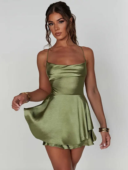 Satin Fit-and-Flare Mini Dress | Square Neckline | Elegant Party Look
