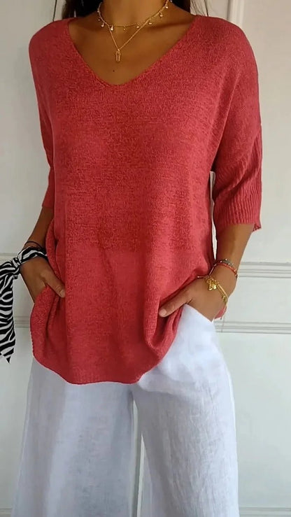 V-Neck Lightweight Knit Top | 3/4 Sleeve | Relaxed Everyday Fit