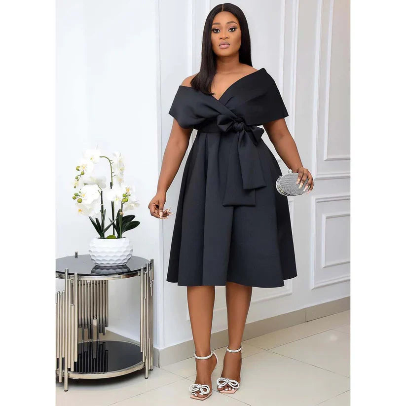 Off-Shoulder A-Line Dress | Front Bow Detail | Elegant Cocktail Silhouette