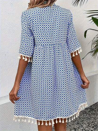 Boho Tassel Mini Dress | Lightweight Printed Cotton | Relaxed Fit Summer Style