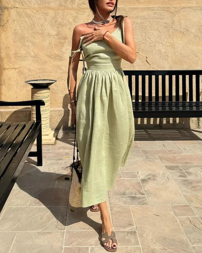 Linen Blend Midi Dress | Adjustable Tie Straps | Summer Ready