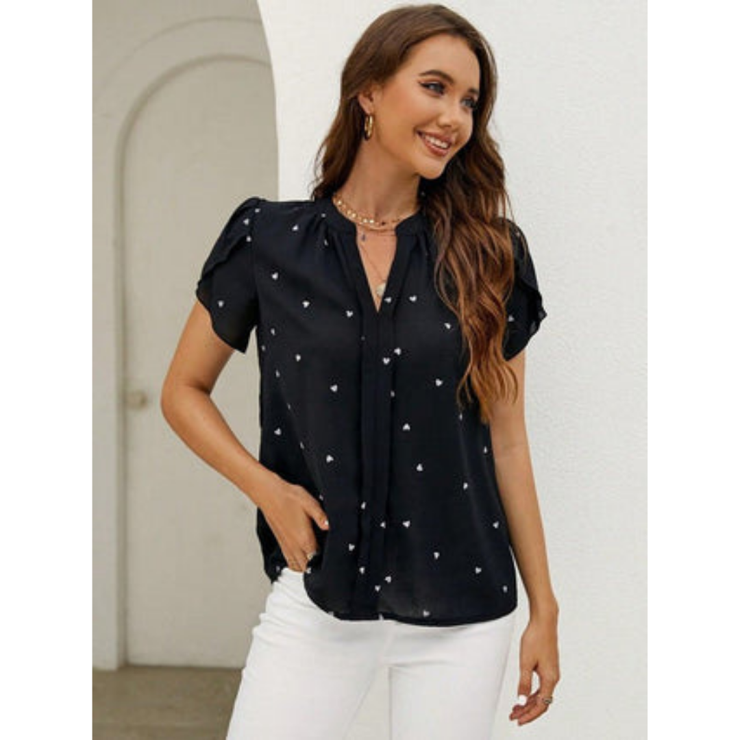 Lightweight Heart Print Blouse | Short Sleeve Summer Top | Casual Cute Outfit Canada