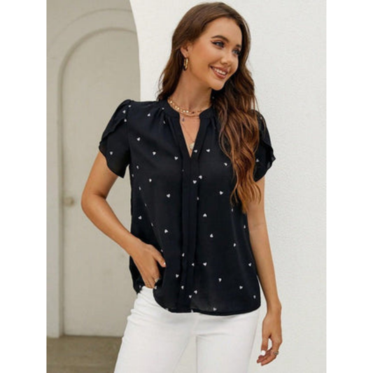 Lightweight Heart Print Blouse | Short Sleeve Summer Top | Casual Cute Outfit Canada