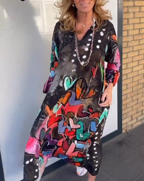 Abstract Heart Print Midi Dress | Long Sleeve Oversized Fit | Artistic Casual Statement Look