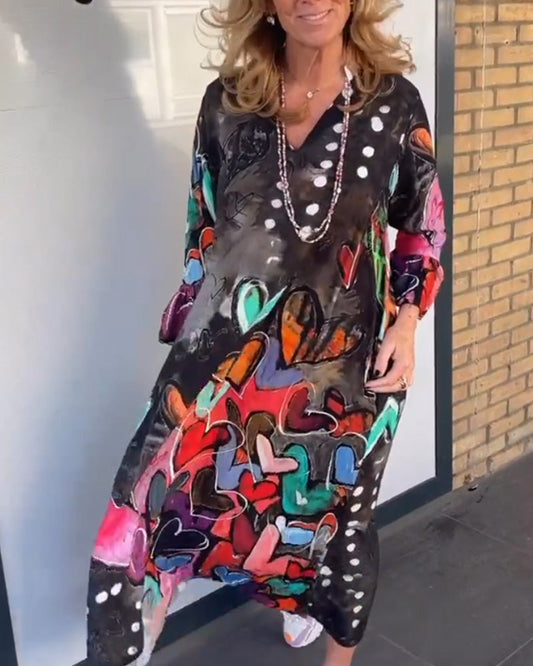 Abstract Heart Print Midi Dress | Long Sleeve Oversized Fit | Artistic Casual Statement Look