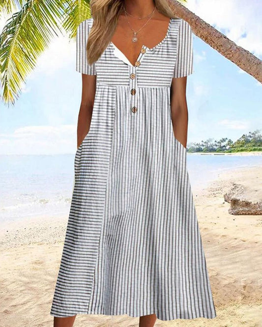 Striped Button-Front Midi Dress | Short Sleeve | Relaxed Summer Fit
