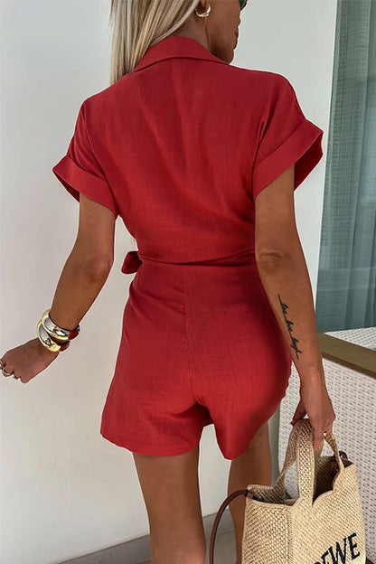 Linen-Blend Wrap Romper | Collared Short Sleeve | Tie-Waist Summer One-Piece