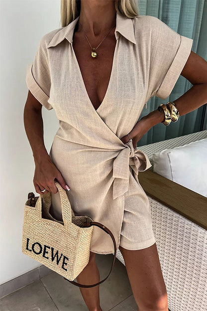 Linen-Blend Wrap Romper | Collared Short Sleeve | Tie-Waist Summer One-Piece