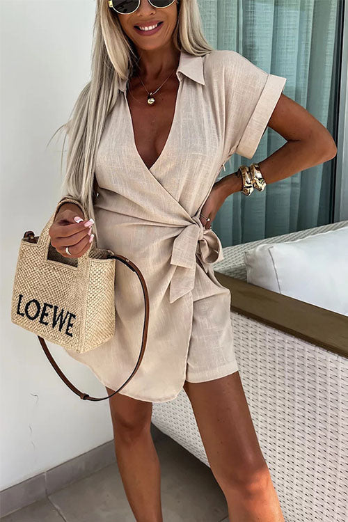Linen-Blend Wrap Romper | Collared Short Sleeve | Tie-Waist Summer One-Piece