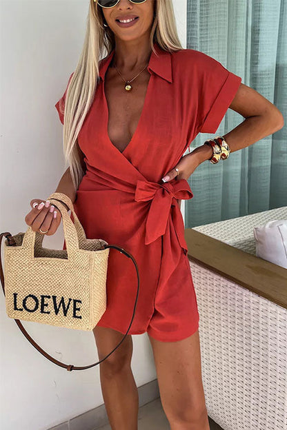 Linen-Blend Wrap Romper | Collared Short Sleeve | Tie-Waist Summer One-Piece