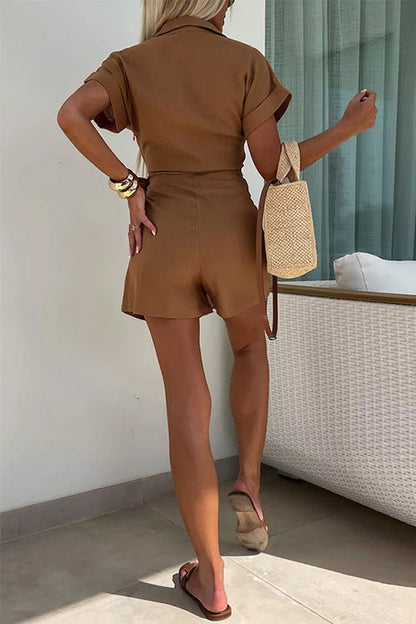 Linen-Blend Wrap Romper | Collared Short Sleeve | Tie-Waist Summer One-Piece