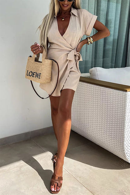 Linen-Blend Wrap Romper | Collared Short Sleeve | Tie-Waist Summer One-Piece