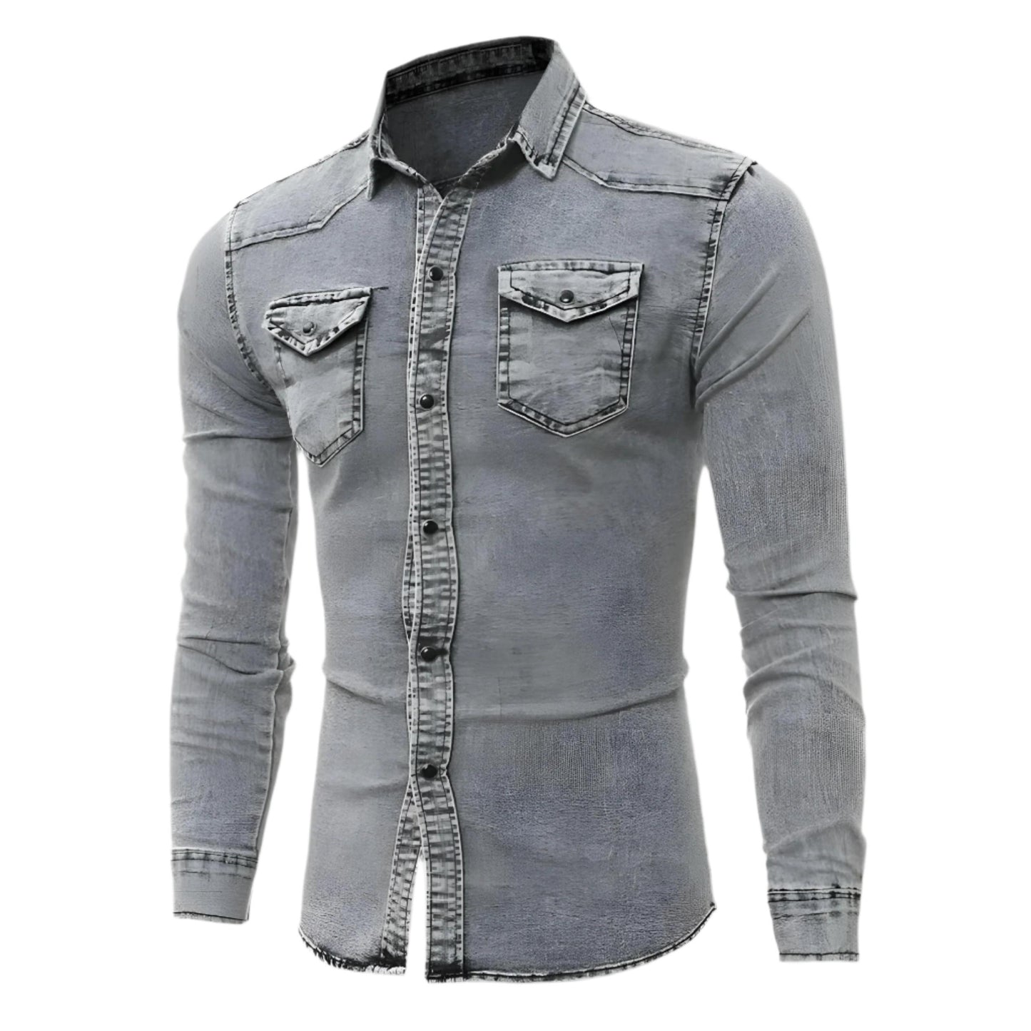 Men's Fitted Denim Shirt | Washed Stretch Cotton | Long Sleeve Western Style