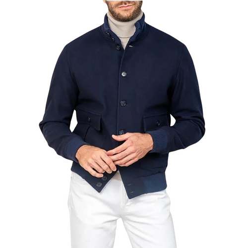 Men’s Wool-Blend Bomber Jacket | Stand Collar | Button-Up Fall Layer