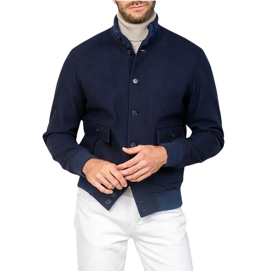 Men’s Wool-Blend Bomber Jacket | Stand Collar | Button-Up Fall Layer