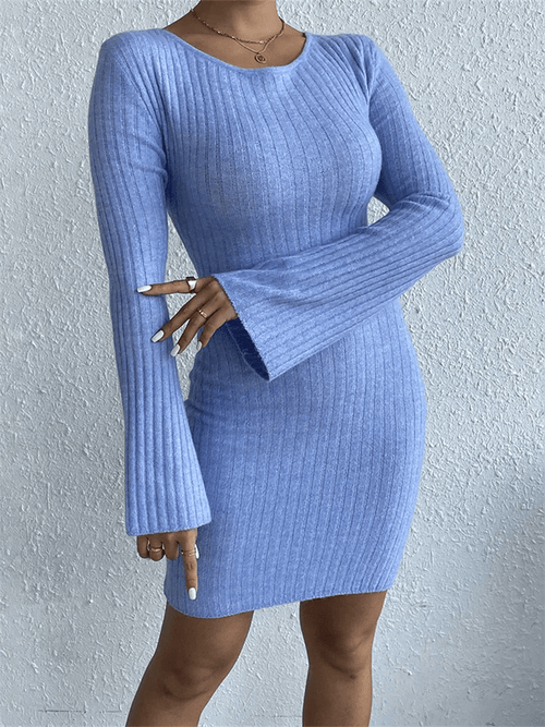 Ribbed Knit Mini Dress | Open Back Detail | Flared Sleeves | Elegant Stretch Fit