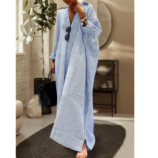 Striped Cotton Maxi Kaftan | Relaxed Fit with V-Neck | Long Sleeve Resort Dress