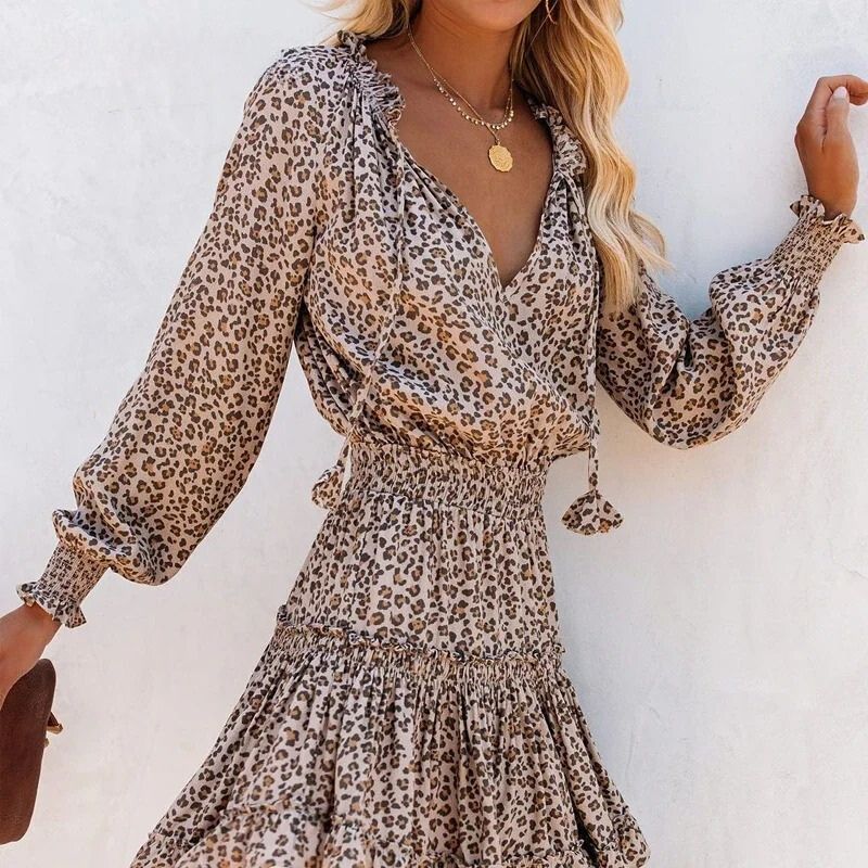 Leopard Print Ruffle Mini Dress | Smocked Waist & Long Sleeves | Lightweight Fall Style