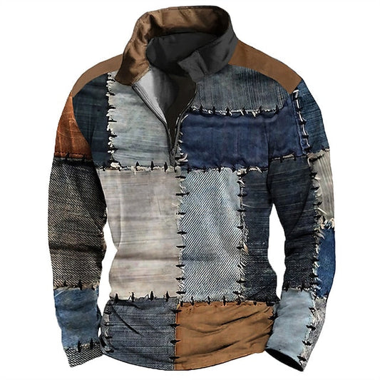 Men’s Patchwork Fleece Pullover | Quarter-Zip Stand Collar | Vintage-Inspired Warm Layer