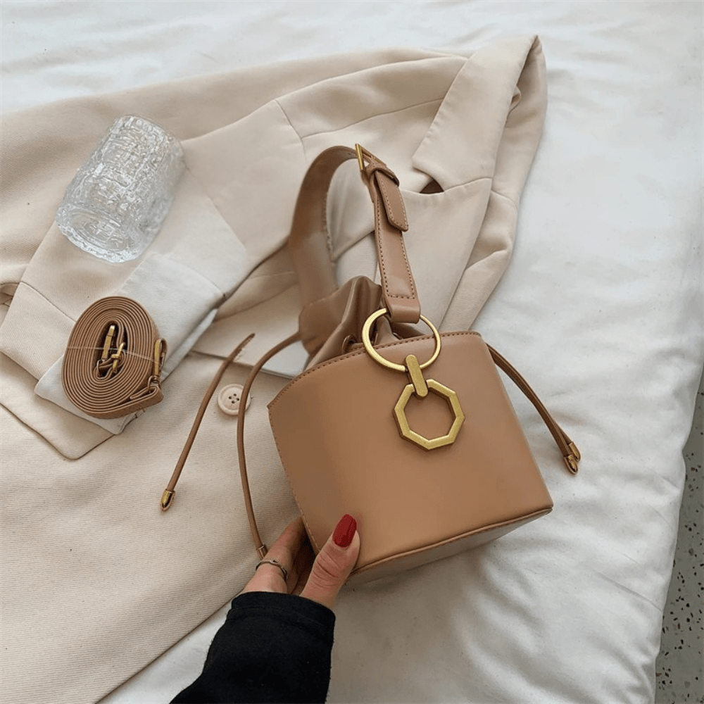 Geometric Bucket Bag | PU Leather | Drawstring Closure with Gold Charm