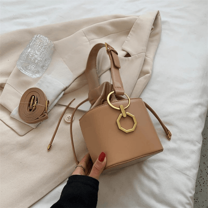 Geometric Bucket Bag | PU Leather | Drawstring Closure with Gold Charm