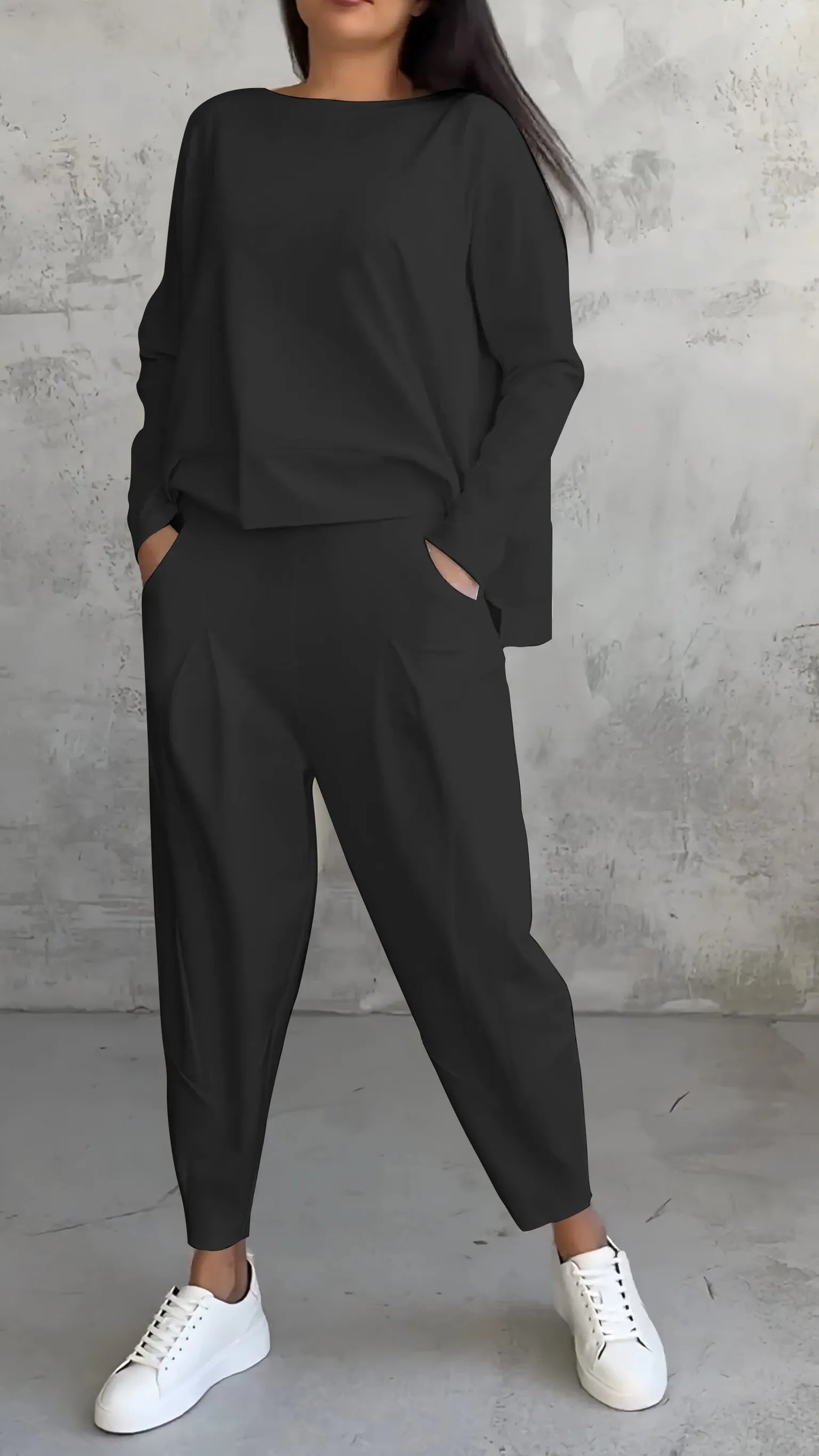 Relaxed Two-Piece Set | Long Sleeve Top | Tapered Pull-On Pants