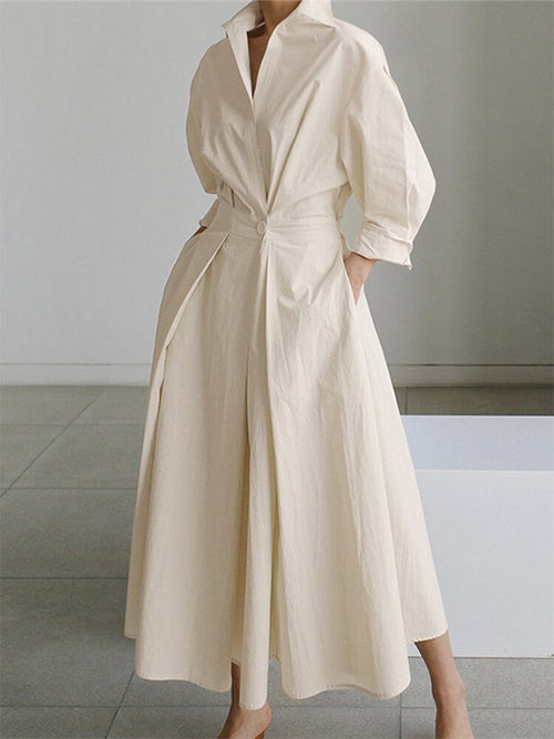 Structured Shirt Dress | Waist Pleat Detail & Midi Hem | Crisp Cotton Blend