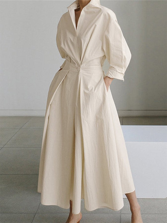 Structured Shirt Dress | Waist Pleat Detail & Midi Hem | Crisp Cotton Blend
